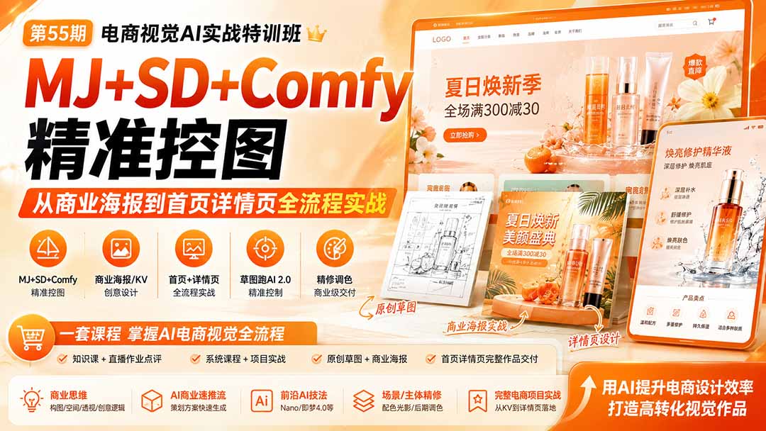 (20027期)电商视觉 AI实战训练营第55期:MJ+SD+Comfy精准控图,从商业海报到首页详情页全流程实战-宇文网创