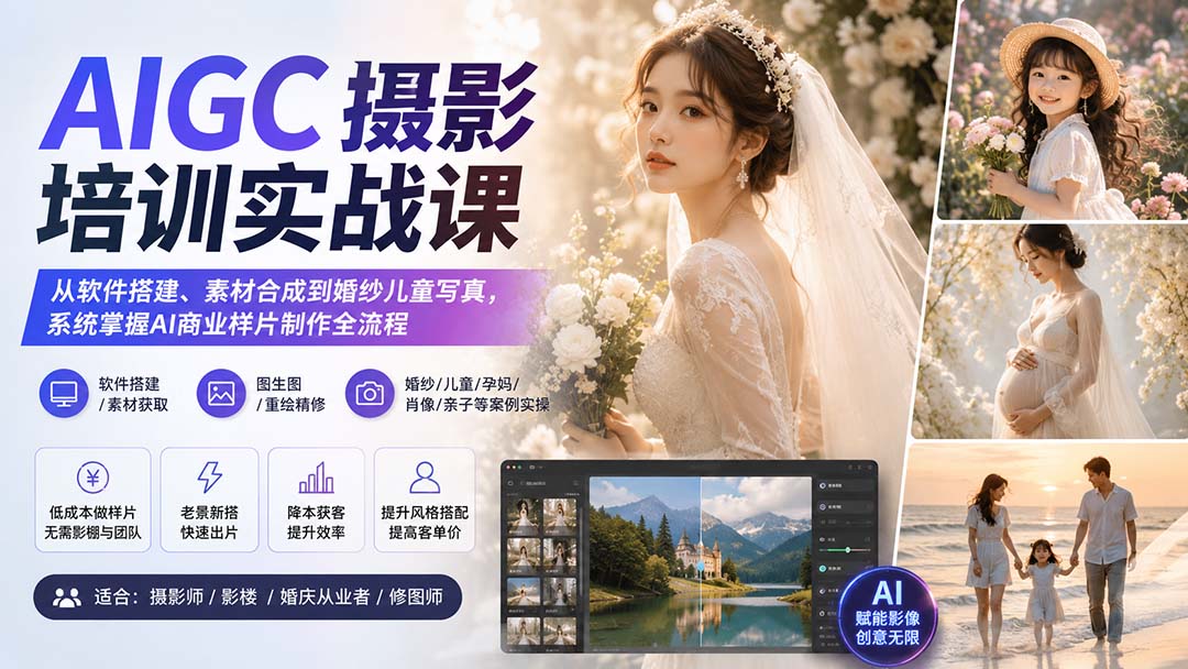 （20161期）AIGC摄影培训实战课：从软件搭建、素材合成到婚纱儿童写真，系统掌握AI商业样片制作全流程-宇文网创