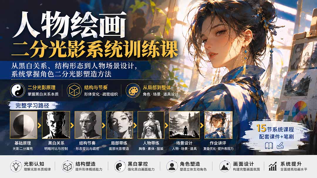 （20141期）人物绘画二分光影系统训练课：从黑白关系、结构形态到人物场景设计，系统掌握角色二分光影塑造方法-宇文网创