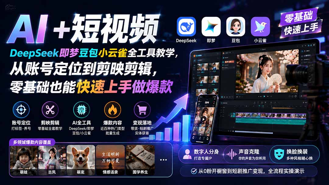 （19759期） AI+短视频｜DeepSeek即梦豆包小云雀全工具教学，从账号定位到剪映剪辑，零基础也能快速上手做爆款-宇文网创
