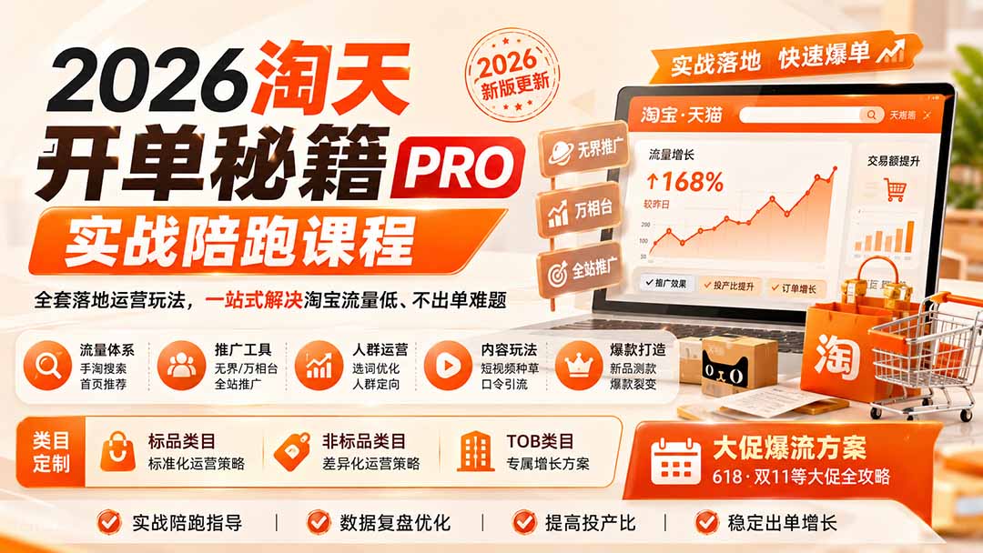 (20029期)2026淘天开单秘籍PRO实战陪跑课程:全套落地运营玩法,一站式解决淘宝流量低、不出单难题(更新260823)-宇文网创