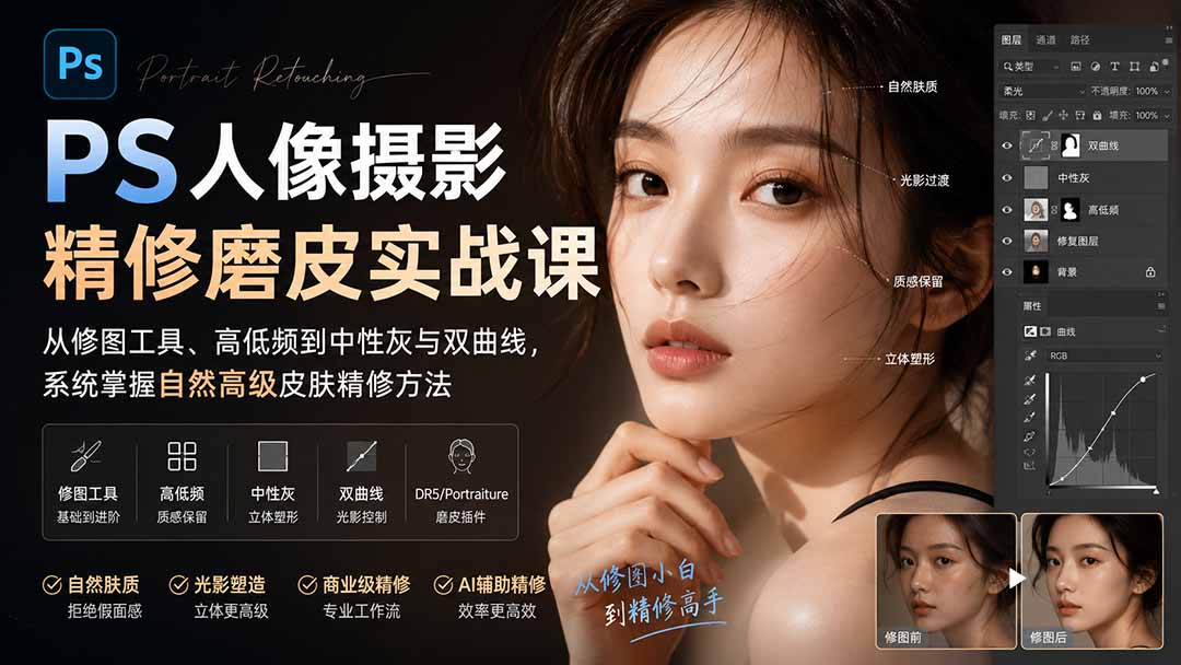 （20061期）PS人像摄影精修磨皮实战课：从修图工具、高低频到中性灰与双曲线，系统掌握自然高级皮肤精修方法-宇文网创