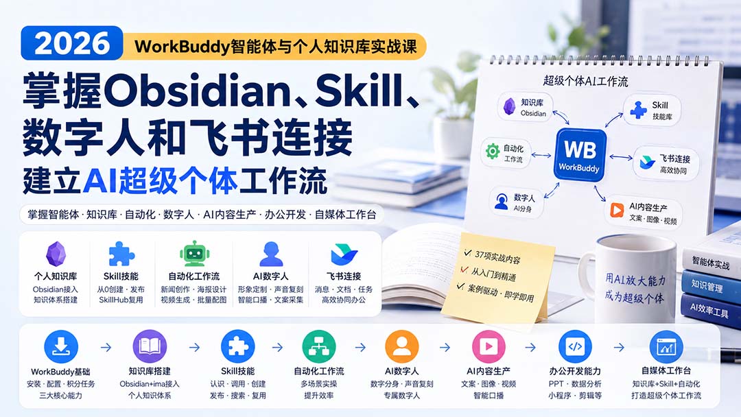 (20169期)2026 WorkBuddy智能体与个人知识库实战课:掌握Obsidian、Skill、数字人和飞书连接,建立AI超级个体工作流-宇文网创