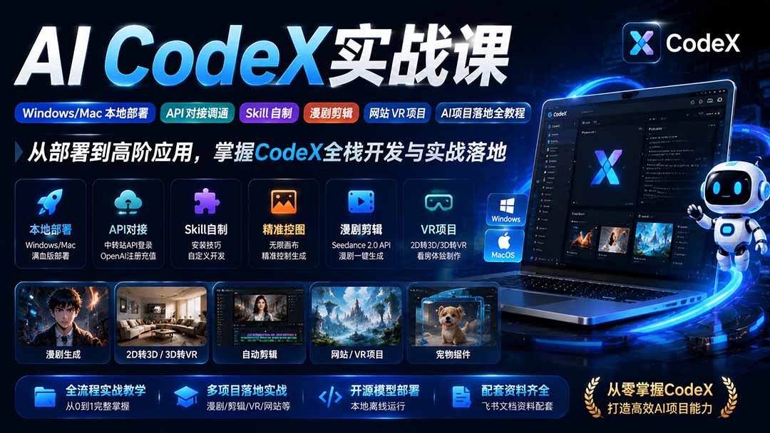 （19769期）AI  CodeX实战课｜Windows/Mac 本地部署｜API 对接调通｜Skill 自制｜漫剧剪辑｜网站 VR 项目｜AI项目落地全教程-宇文网创