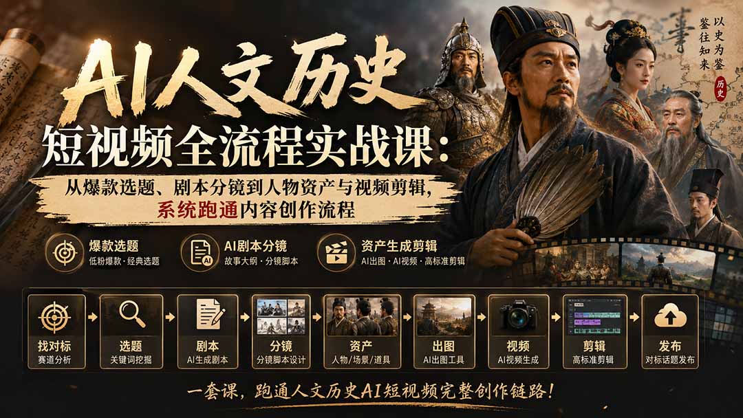 （20074期）AI人文历史短视频全流程实战课：从爆款选题、剧本分镜到人物资产与视频剪辑，系统跑通内容创作流程-宇文网创