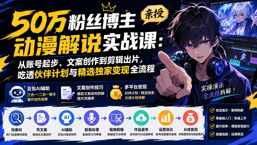 (20144期)50万粉丝博主亲授动漫解说实战课:从账号起步、文案创作到剪辑出片,吃透伙伴计划与精选独家变现全流程-宇文网创
