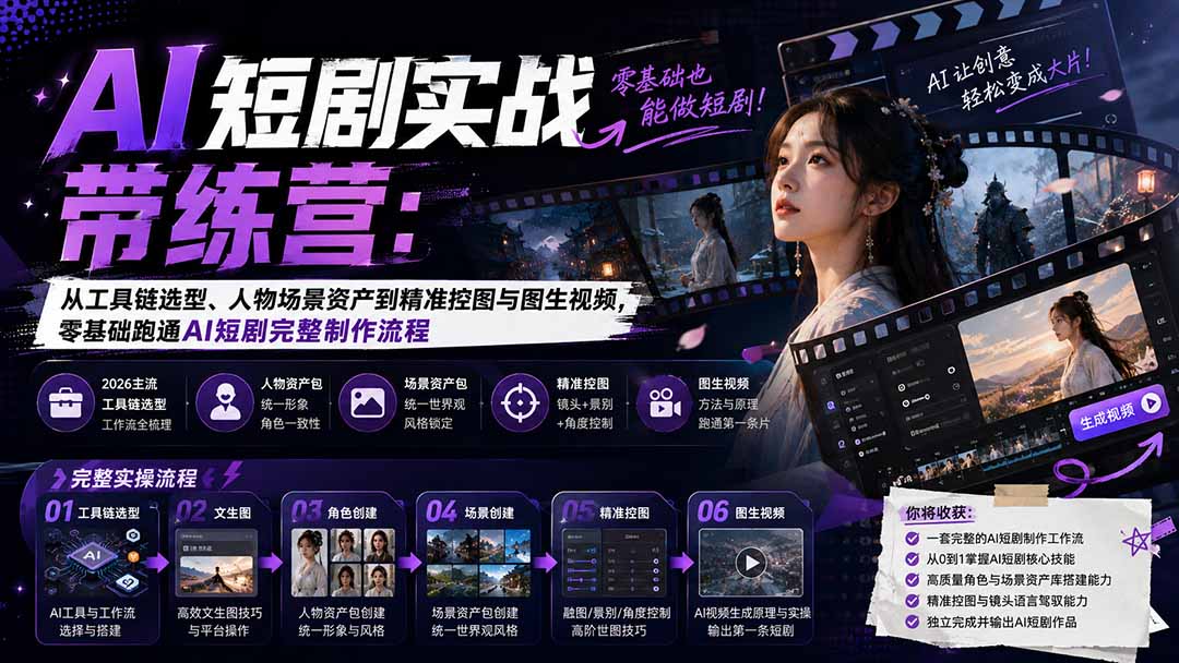 （20064期）AI短剧实战训练营：从工具链选型、人物场景资产到精准控图与图生视频，零基础跑通AI短剧完整制作流程-宇文网创