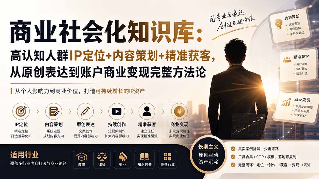 (19733期)商业社会化知识库:高认知人群IP定位+内容策划+精准获客,从原创表达到账户商业变现完整方法论-宇文网创