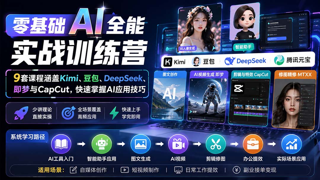 (20134期)零基础AI全能实战训练营:9套课程涵盖Kimi、豆包、DeepSeek、即梦与CapCut,快速掌握AI应用技巧-宇文网创