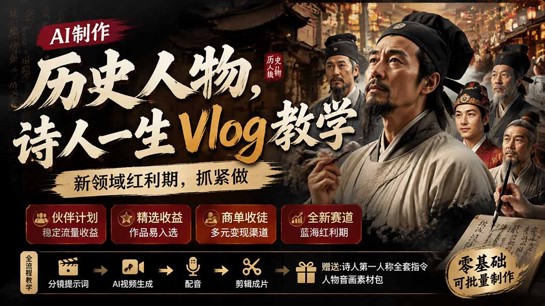 （19758期）历史人物，诗人一生Vlog教学， AI制作丨伙伴计划丨精选收益丨商单收徒 ，新领域红利期，抓紧做-宇文网创