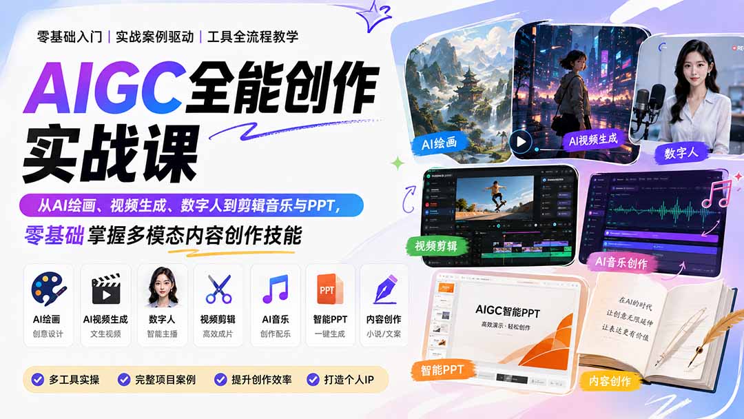 （20065期）AIGC全能创作实战课：从AI绘画、视频生成、数字人到剪辑音乐与PPT，零基础掌握多模态内容创作技能-宇文网创