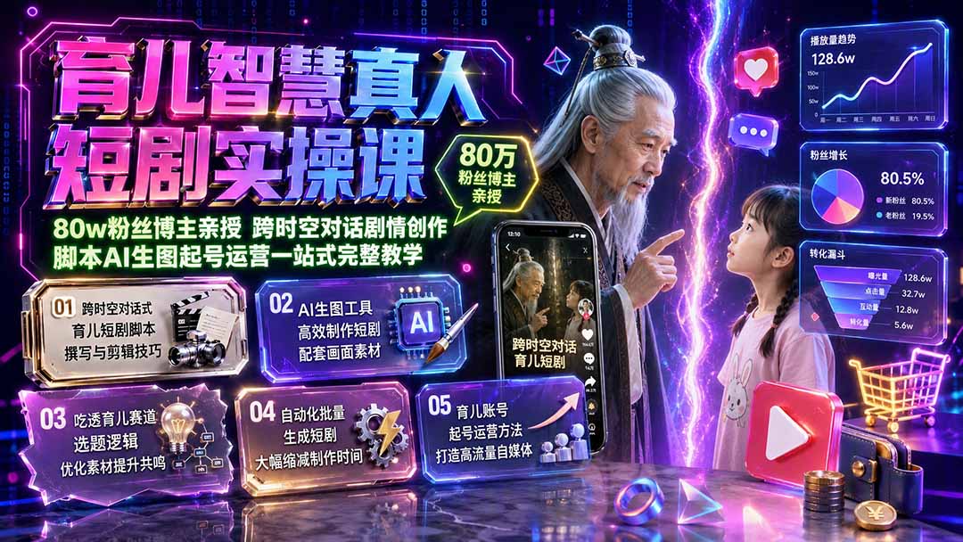 (19663期)育儿智慧真人短剧实操课|80w粉丝博主亲授,跨时空对话剧情创作,脚本AI生图起号运营一站式完整教学-宇文网创