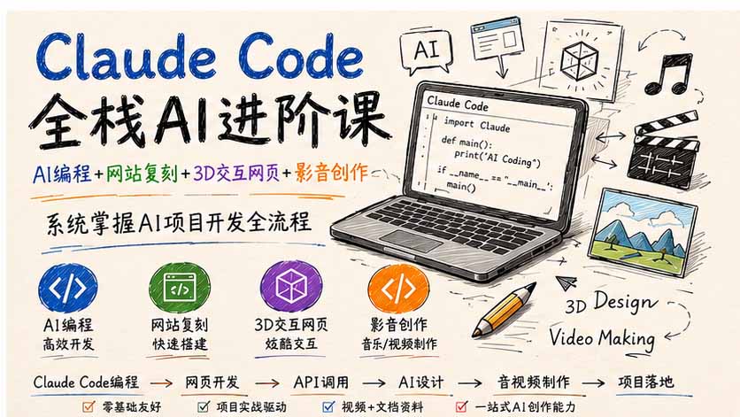 (19735期)Claude Code全栈AI进阶课;AI编程+网站复刻+3D交互网页+影音创作,系统掌握AI项目开发全流程-宇文网创