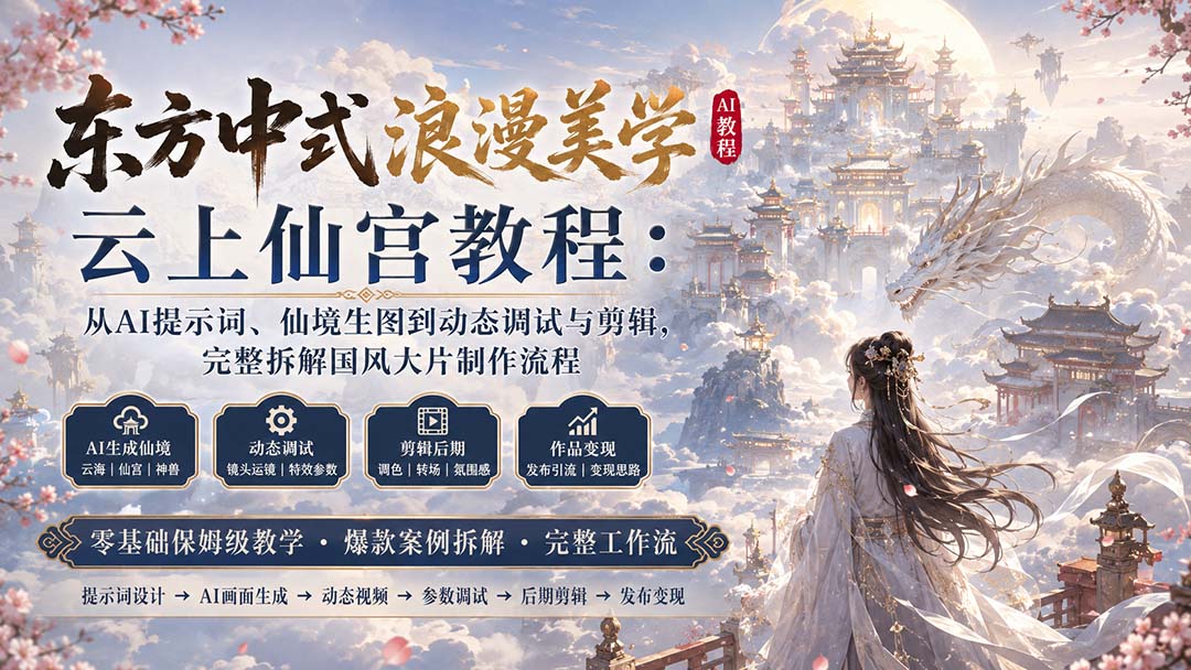 (20147期)东方中式浪漫美学云上仙宫教程:从AI提示词、仙境生图到动态调试与剪辑,完整拆解国风大片制作流程-宇文网创