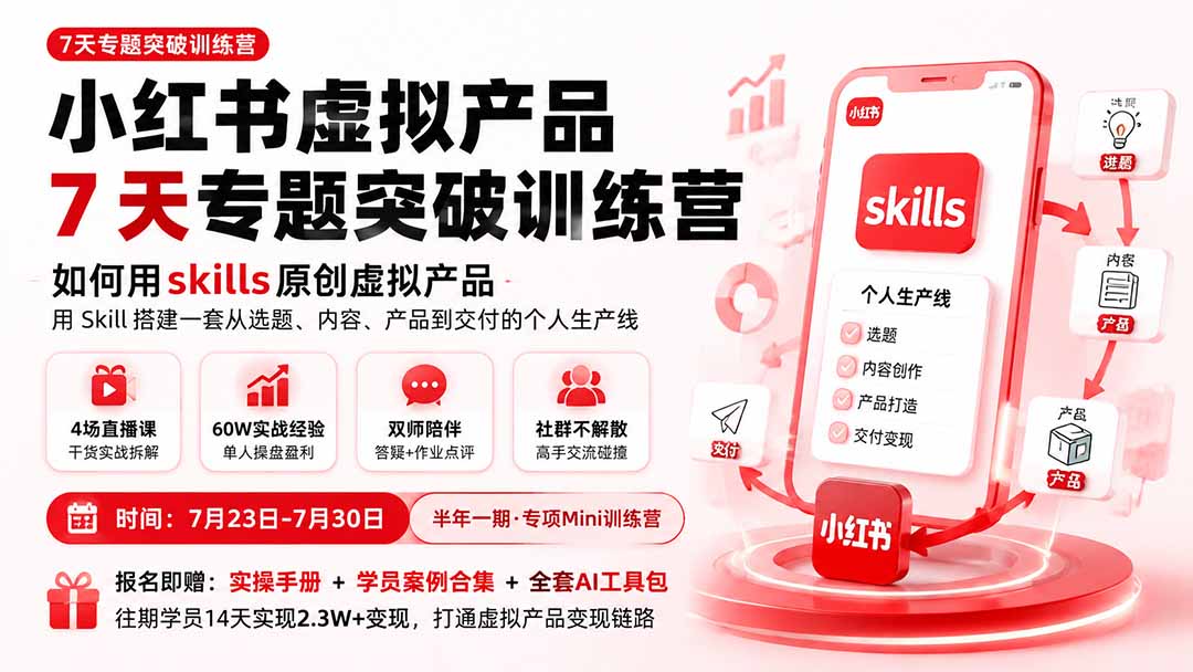 (19817期)小红书虚拟产品7天专题突破训练营,如何用skills原创虚拟产品,用Skil搭建一套从选题、内容、产品到交付的个人生产线-宇文网创