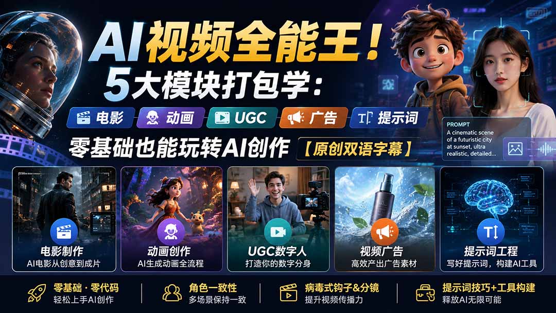 (20048期)AI视频全能王!5大模块打包学:电影、动画、UGC、广告、提示词,零基础也能玩转AI创作【原创双语字幕】-宇文网创
