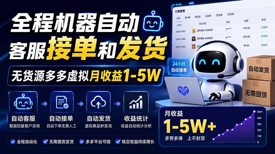 (20119期)全程机器自动客服接单和发货,无货源多多虚拟月收益1-5W-宇文网创