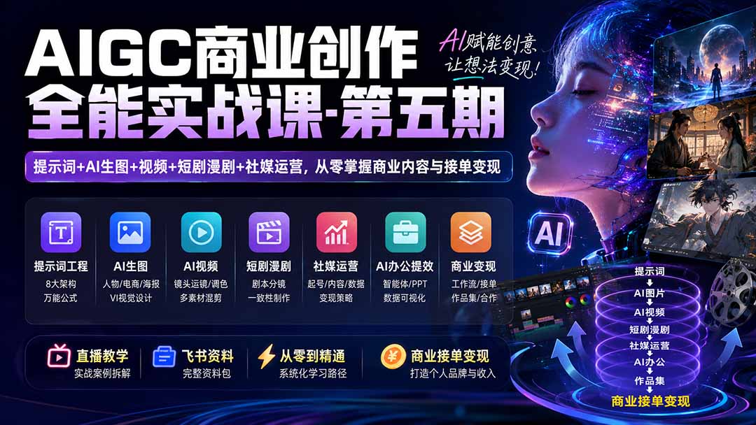 (19753期)AIGC商业创作全能实战课-第五期:提示词+AI生图+视频+短剧漫剧+社媒运营,从零掌握商业内容与接单变现-宇文网创