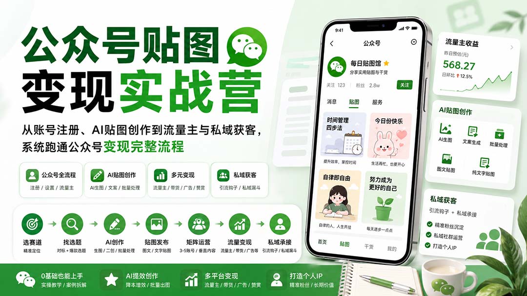 (20120期)公众号贴图变现实战营:从账号注册、AI贴图创作到流量主与私域获客,系统跑通公众号变现完整流程-宇文网创