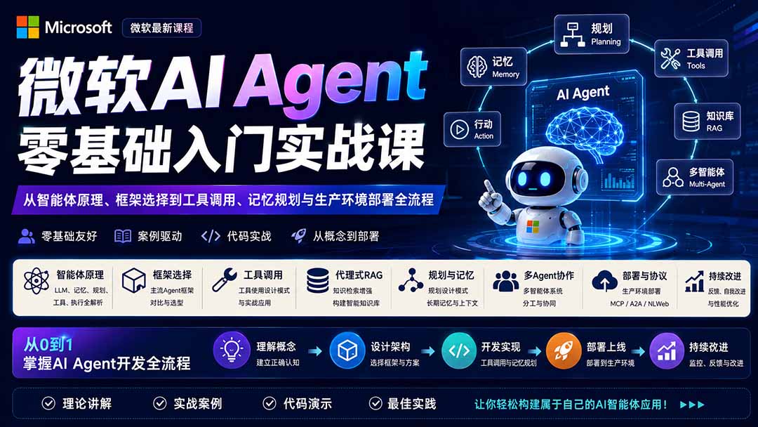 (19977期)微软AI Agent零基础入门实战课:从智能体原理、框架选择到工具调用、记忆规划与生产环境部署全流程-宇文网创