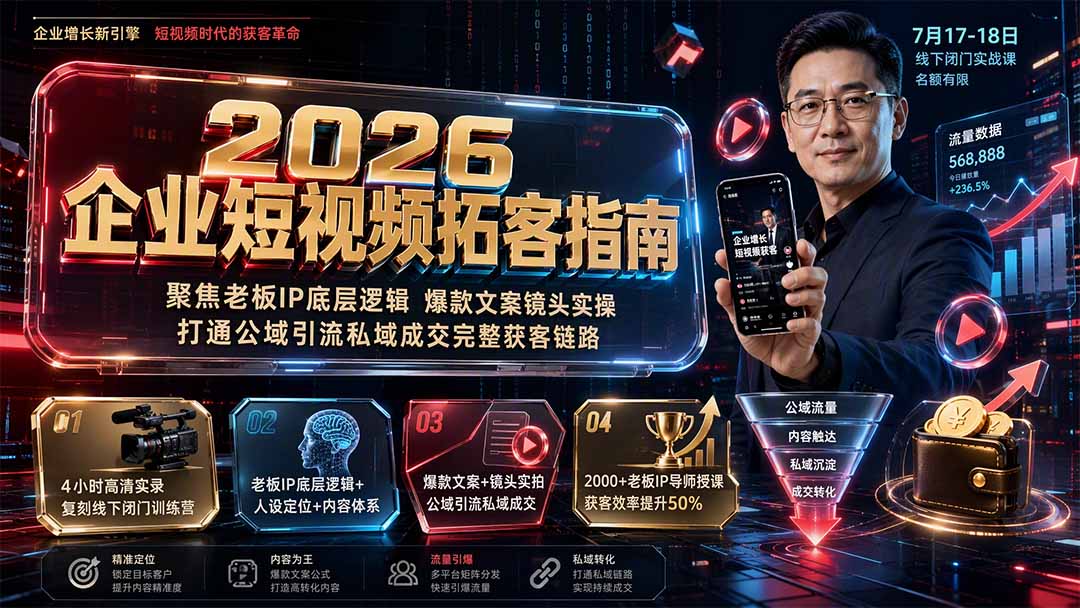 （19667期）2026企业短视频拓客指南：聚焦老板IP底层逻辑，爆款文案镜头实操，打通公域引流私域成交完整获客链路-宇文网创
