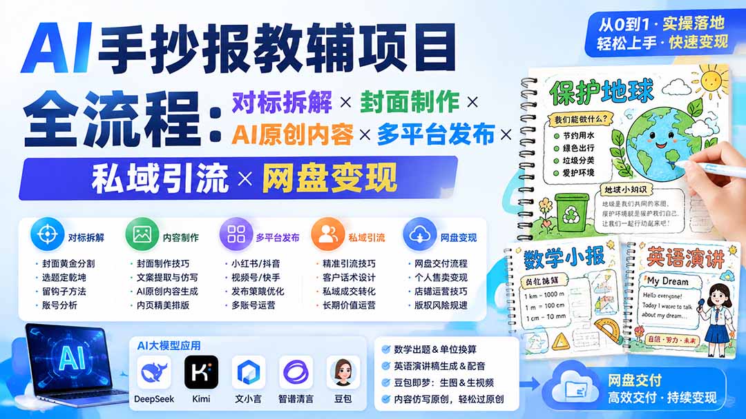 (19785期)AI手抄报教辅项目全流程:对标拆解×封面制作×AI原创内容×多平台发布×私域引流×网盘变现-宇文网创