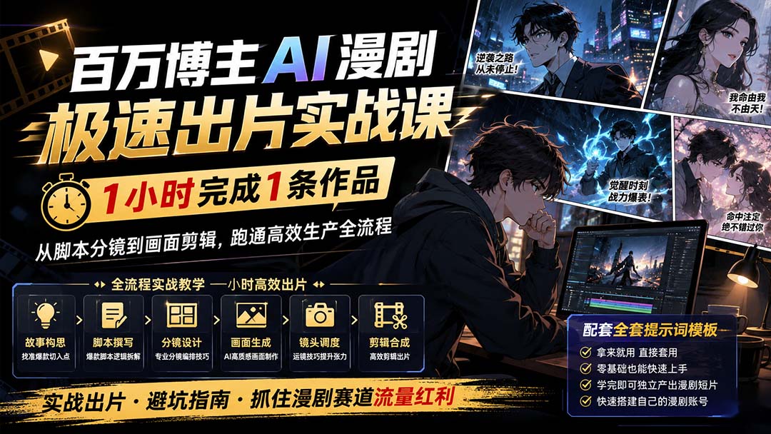 (20173期)百万博主AI漫剧极速出片实战课:1小时产出条作品,从脚本分镜到画面剪辑,跑通高效生产全流程-宇文网创