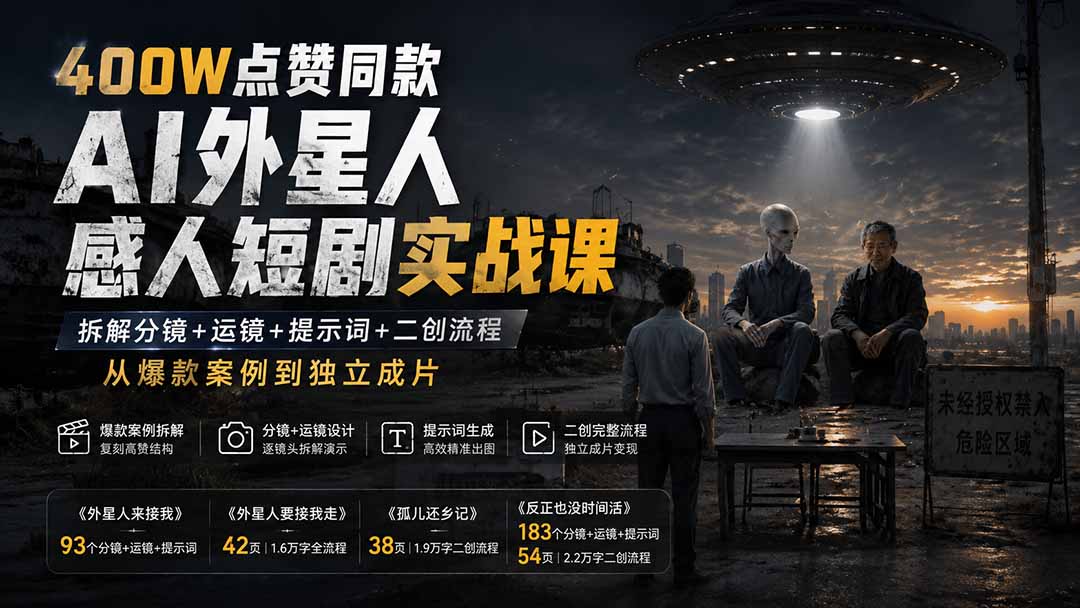 (20052期)400W点赞同款AI外星人感人短剧实战课:拆解分镜+运镜+提示词+二创流程,从爆款案例到独立成片-宇文网创