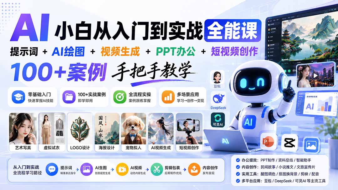 (20018期)AI小白从入门到实战全能课:提示词+AI绘图+视频生成+PPT办公+短视频创作,100+案例手把手教学-宇文网创