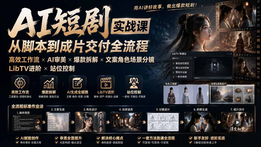 （19717期）AI短剧实战课：高效工作流×AI审美×爆款拆解×文案角色场景分镜×LibTV进阶×站位控制×从脚本到成片交付全流程-宇文网创