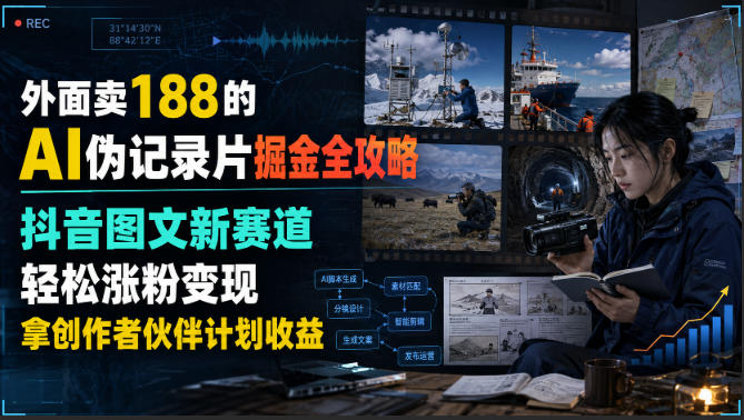 外面卖188的AI伪记录片掘金全攻略,抖音图文新赛道,轻松涨粉变现,拿创作者伙伴计划收益【文档】-宇文网创