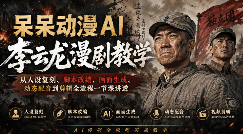 呆呆动漫AI李云龙漫剧教学，从人设复刻、脚本改编、画面生成、动态配音到剪辑全流程一节课讲透-宇文网创