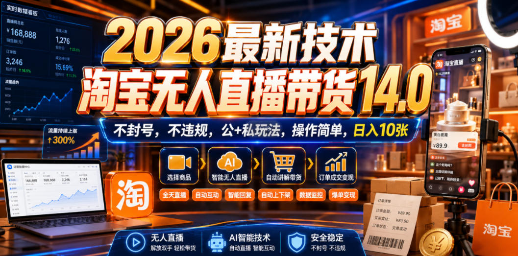 2026最新技术,淘宝无人直播带货14.0,不封号,不违规,公+私玩法,操作简单,日入10张【揭秘】-宇文网创