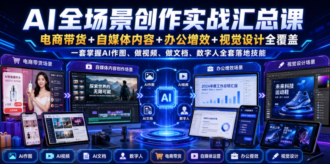 AI全场景创作实战汇总课|电商带货+自媒体内容+办公增效+视觉设计全覆盖,一套掌握AI作图、做视频、做文档、数字人全套落地技能-宇文网创