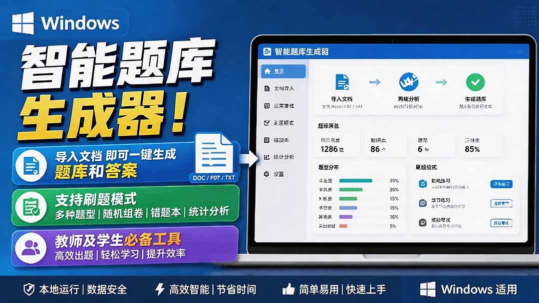 (19855期)Windows 智能题库刷题软件!导入文档一键生成题库和答案,并支持刷题模式,教师及学生必备工具 原创-宇文网创