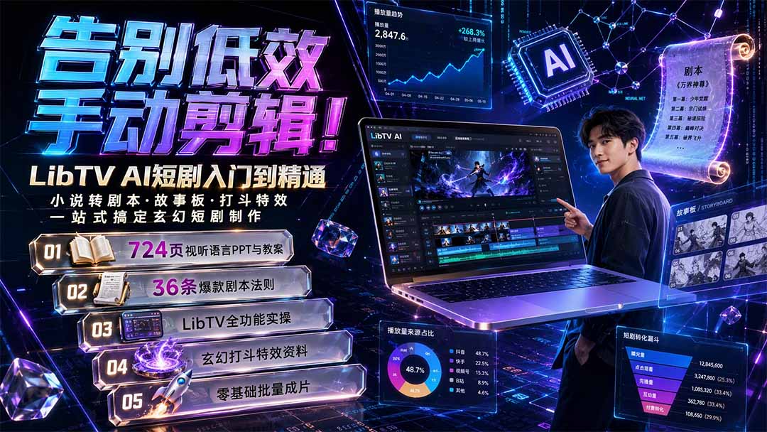 （19678期）告别低效手动剪辑！LibTV AI短剧入门到精通，小说转剧本方法，故事板打斗特效一站式搞定玄幻短剧制作-宇文网创