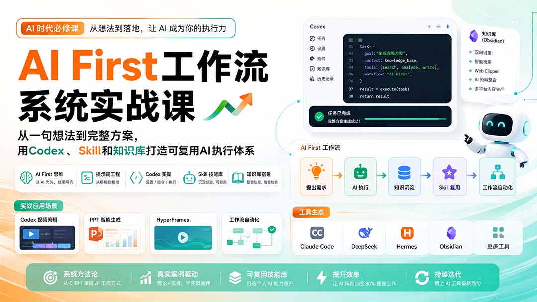 （20104期）AI First工作流系统实战课：从一句想法到完整方案，用Codex、Skill和知识库打造可复用AI执行体系-宇文网创