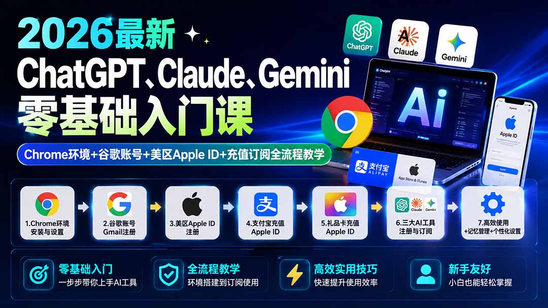 (19923期)2026最新ChatGPT、Claude、Gemini零基础入门课:Chrome环境+谷歌账号+美区Apple ID+充值订阅全流程教学-宇文网创