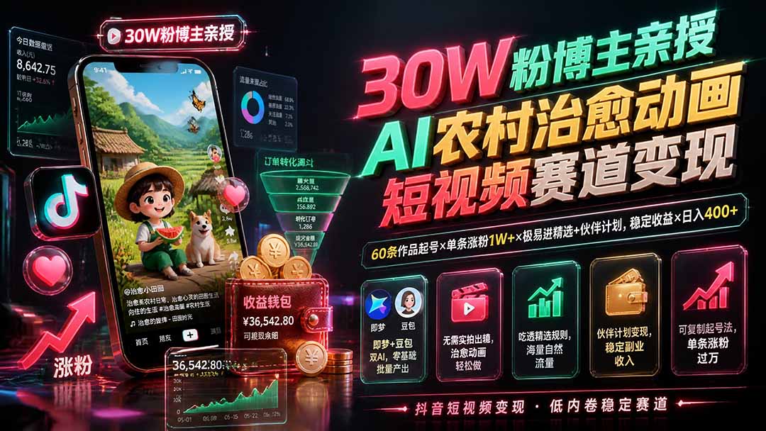 (19648期)30W粉博主亲授AI农村治愈动画短视频赛道变现:60条作品起号×单条涨粉1W+×极易进精选+伙伴计划,稳定收益×日入400+-宇文网创