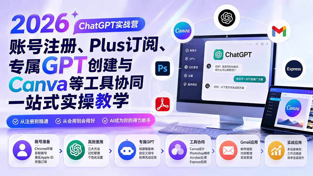 (19924期)2026 ChatGPT实战营;账号注册、Plus订阅、专属GPT创建与Canva等工具协同一站式实操教学-宇文网创