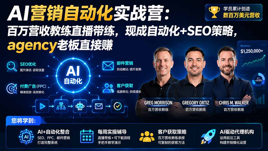 （20066期）AI营销自动化实战营：百万营收教练直播带练，现成自动化+SEO策略，agency老板直接赚【原创双语字幕】-宇文网创