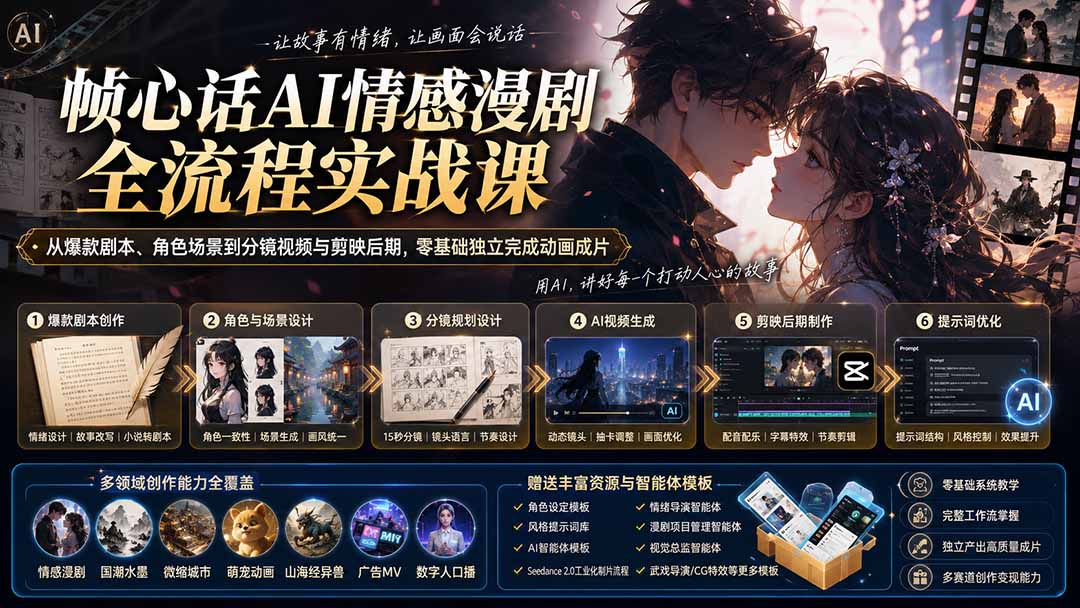 (20036期)帧心话AI情感漫剧全流程实战课:从爆款剧本、角色场景到分镜视频与剪映后期,零基础独立完成动画成片-宇文网创