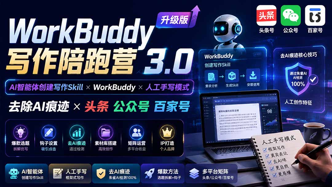 （19720期）WorkBuddy写作陪跑营3.0-更新：Ai智能体创建写作Skill×WorkBuddy×人工手写模式×去除AI痕迹×头条公众号百家号-宇文网创