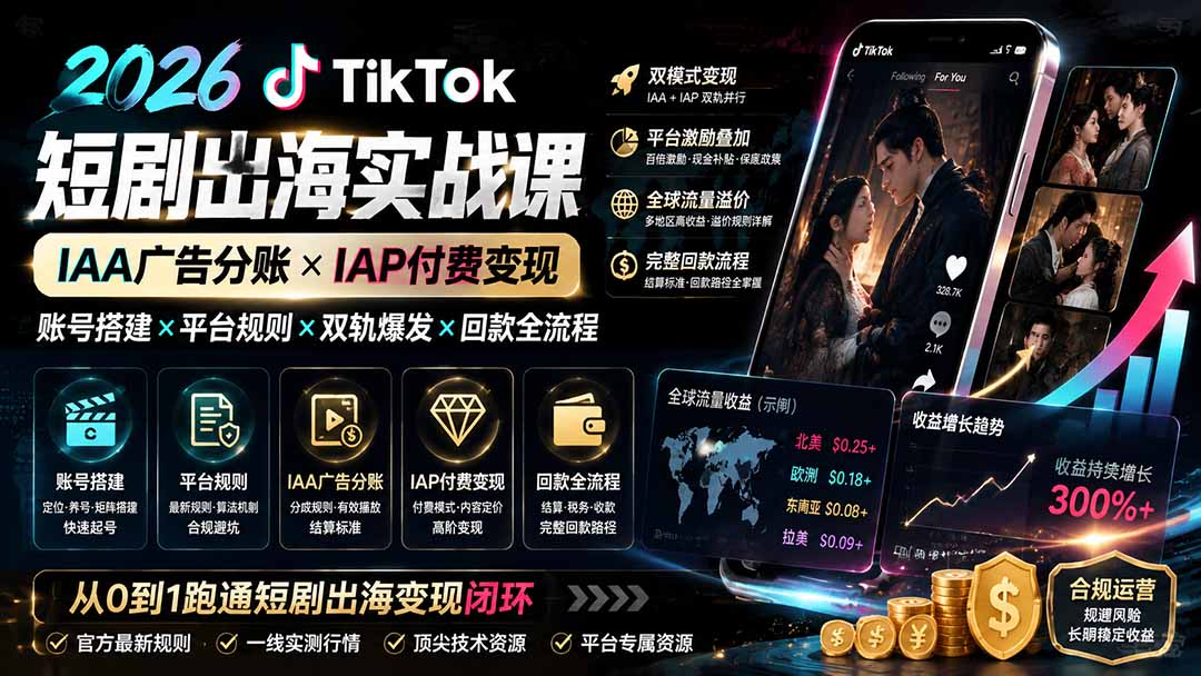 （19740期）2026TikTok短剧出海实战课：IAA广告分账×IAP付费变现×账号搭建×平台规则×双轨爆发×回款全流程-宇文网创
