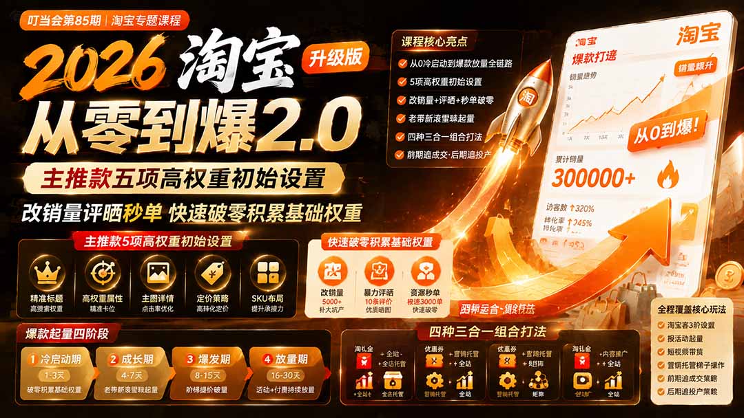 （19742期）2026淘宝从零到爆2.0第85期；主推款五项高权重初始设置，改销量评晒秒单快速破零积累基础权重-宇文网创