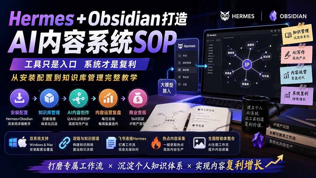 (19861期)Hermes+Obsidian打造AI内容系统SOP;工具只是入口系统才是复利,从安装配置到知识库管理完整教学-宇文网创