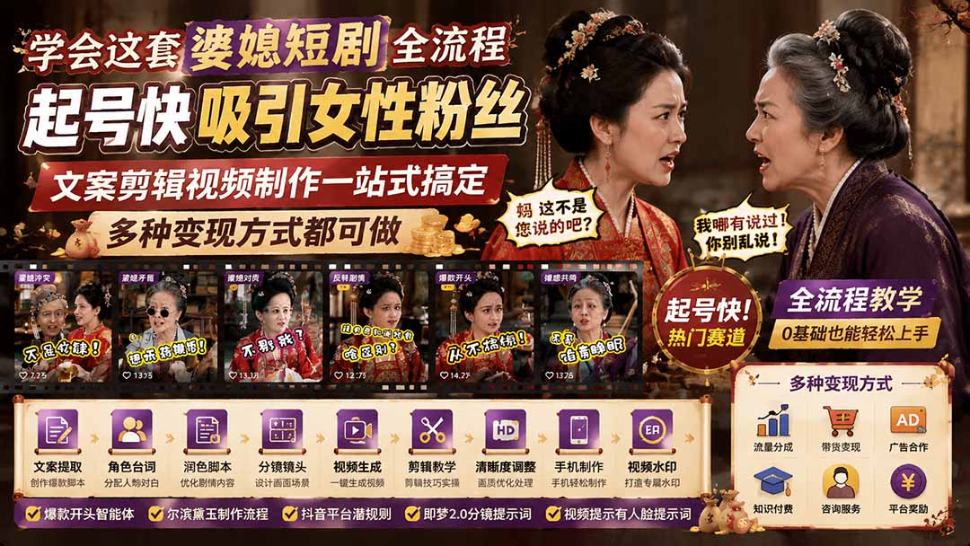 （19704期）学会这套婆媳短剧全流程：起号快吸引女性粉丝，文案剪辑视频制作一站式搞定，多种变现方式都可做-宇文网创