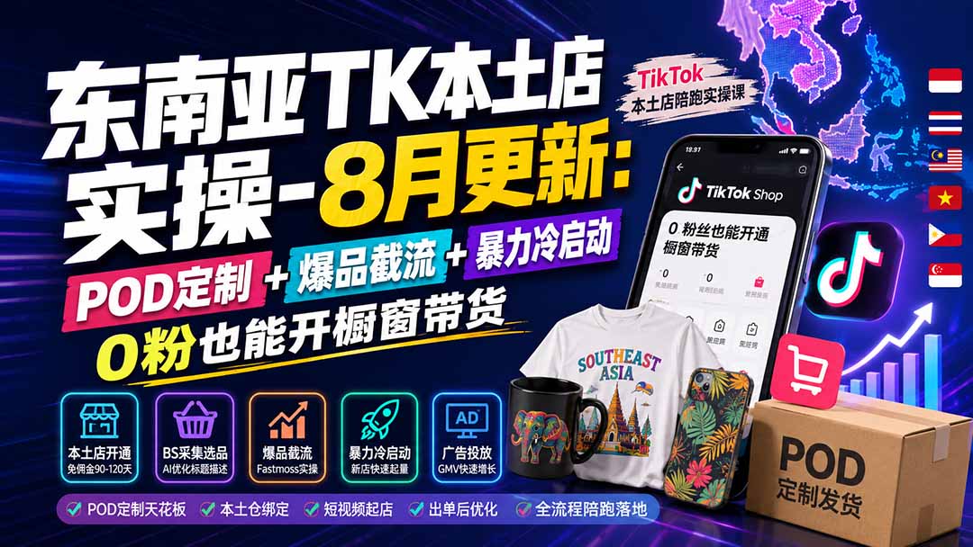 （19963期）东南亚TK本土店实操-8月更新：POD定制+爆品截流+暴力冷启动，0粉也能开橱窗带货-宇文网创