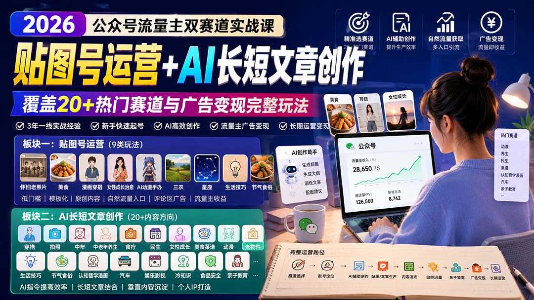 (20153期)公众号流量主双赛道实战课:贴图号运营+AI长短文章创作,覆盖20+热门赛道与广告变现完整玩法-宇文网创