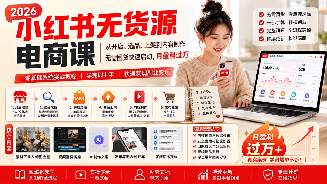 (20154期)小红书无货源电商课(8月30更新):从开店、选品、上架到内容制作,无需囤货快速启动,月盈利过万-宇文网创